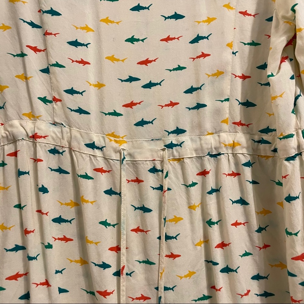 Modcloth Cream Blouse with Teal, Red, and Yellow Shark Print - Picture 2 of 4